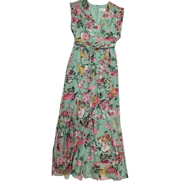 NEW Eliza J Maxi Faux Wrap Floral Dress Women 6 Chiffon Rollover Cap Sleeve - Picture 2 of 15